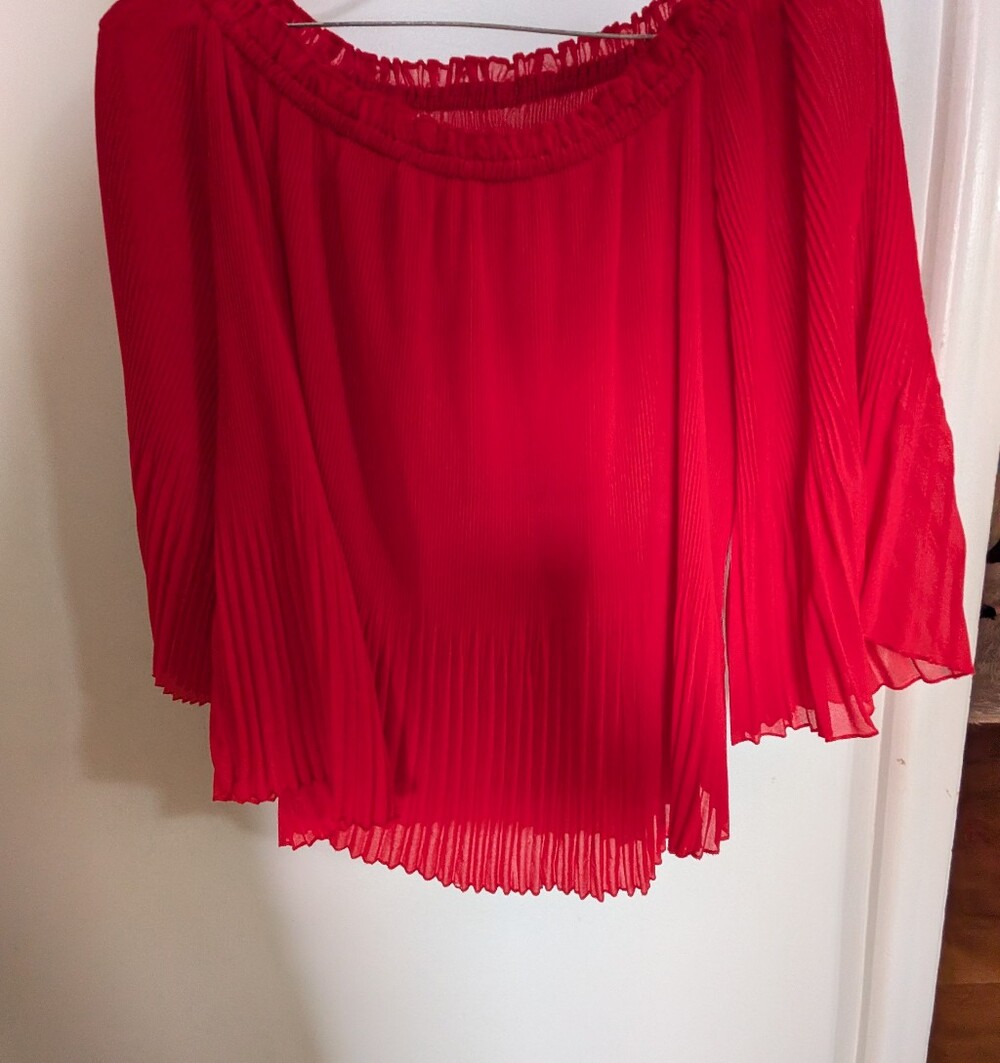 Vintage Red Pleated Off-Shoulder Top